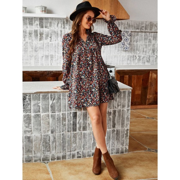 Floral Flounce Sleeve Frilled Neck long sleeve mini Dress - Picture 4 of 4